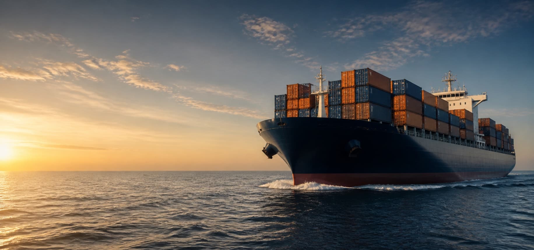 Container cargo ship sailing across the open sea at sunrise