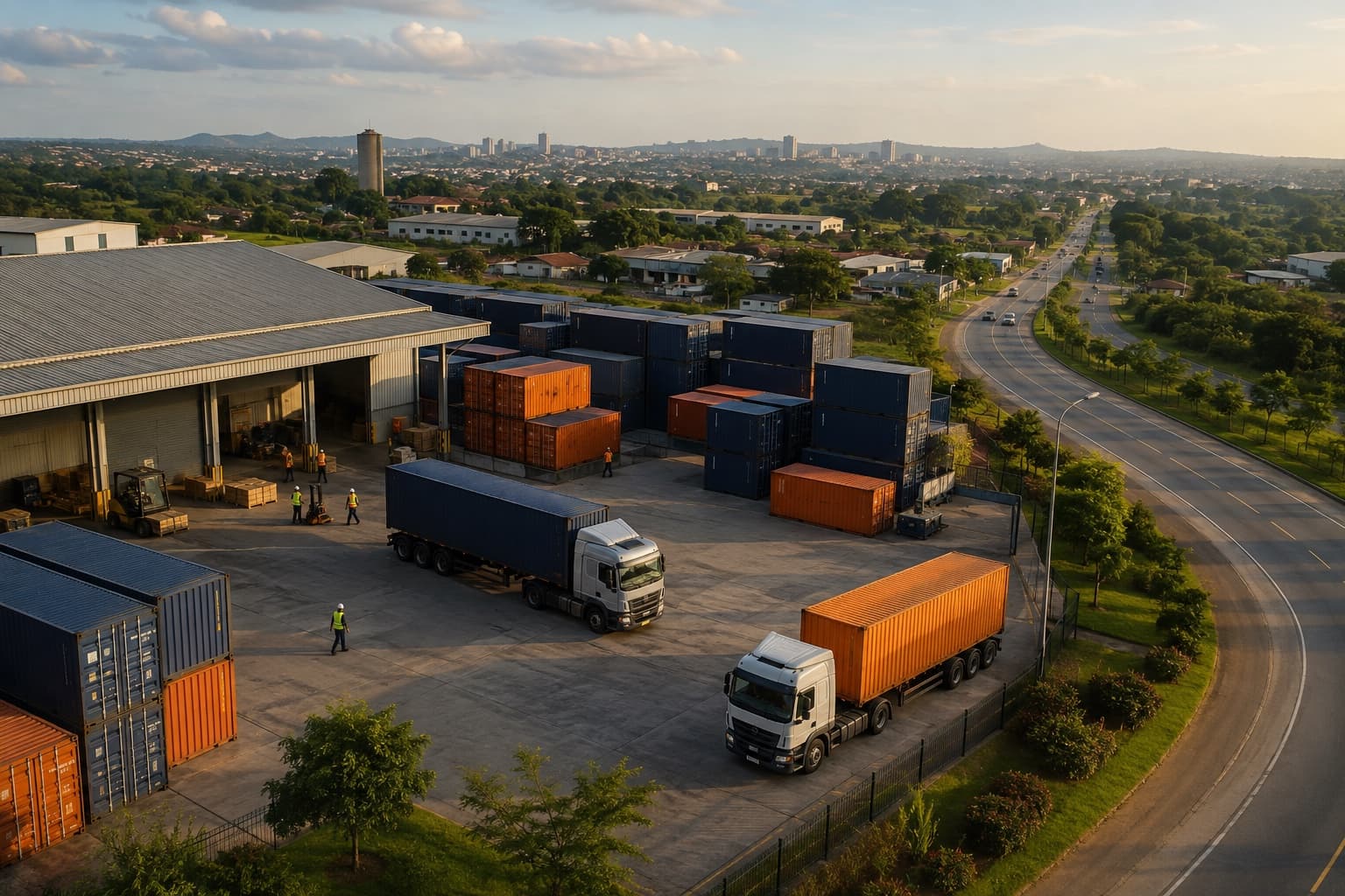 Organised freight terminal connecting cargo trucks to regional roads