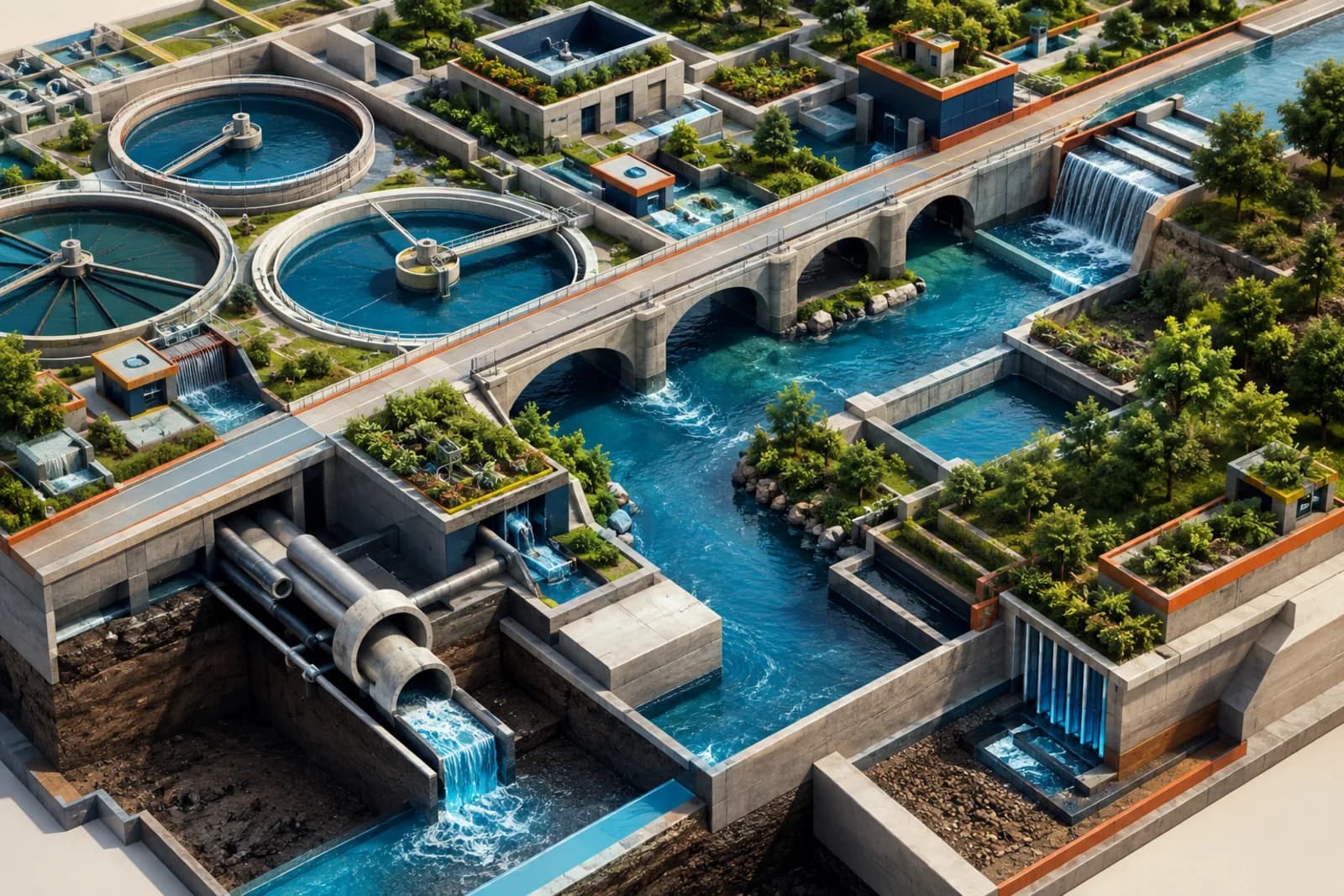 Architectural diorama of water treatment basins, bridges, pipes and green infrastructure