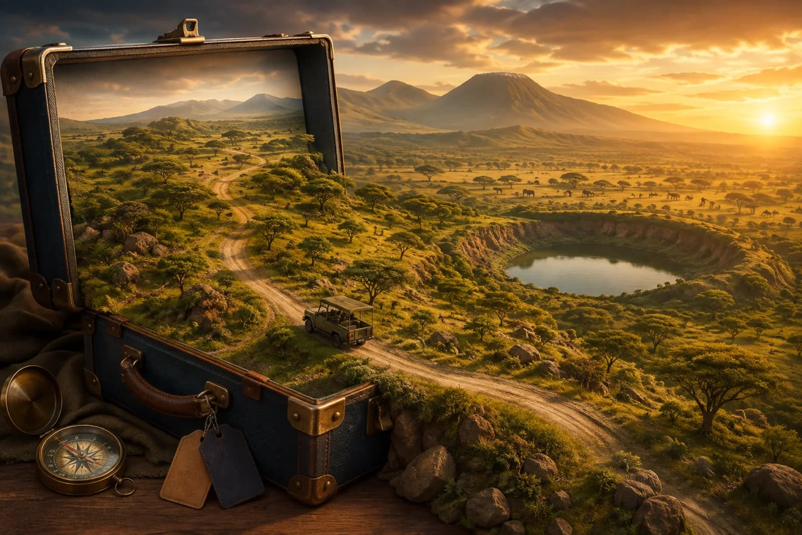 Ugandan savannah, crater lake and safari route unfolding from a vintage travel trunk